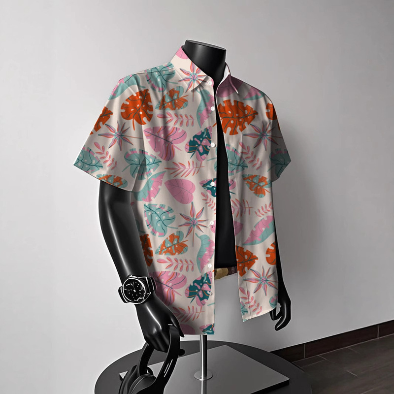 Hong Kong Style Retro Vintage Floral Shirt Short-Sleeved Thai Hawaiian Style Design Handsome Loose Shirt for Men and Women