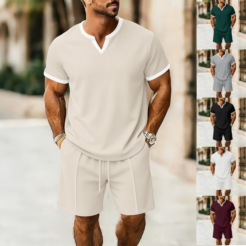 Independent Foreign Trade Spring New Waffle Pattern Men's T-Shirt V-Neck Solid Color Breathable Loose Short-Sleeve T-Shirt and Shorts Set