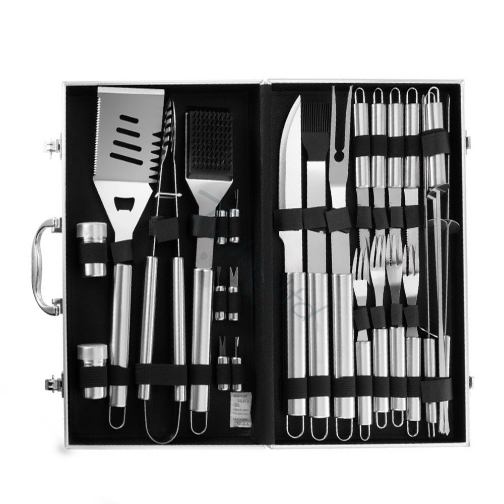 Fabricante Amazon herramientas combinación de caja de aluminio BBQ horquilla de parrilla cuchillo de parrilla mango de tubo de acero inoxidable parrilla