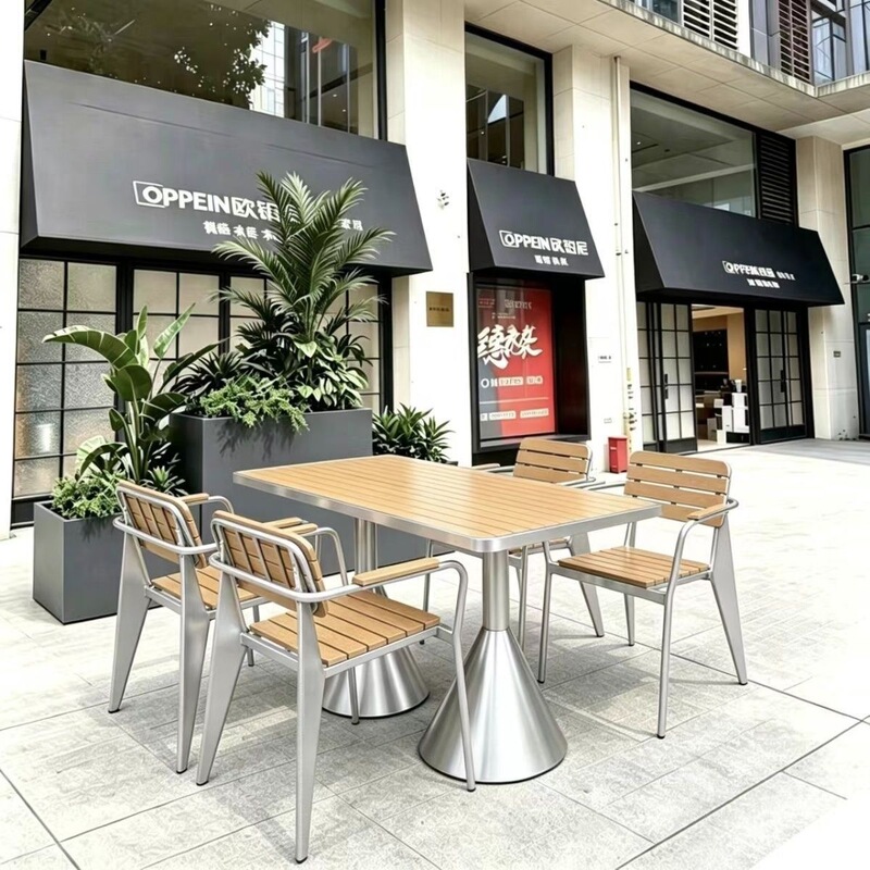 Outdoor sunshade leisure milk tea shop, café, small square table, music bar, rest area, outdoor plastic wood table and chair set