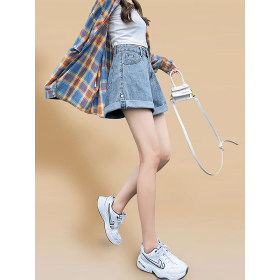 High Waist Denim Shorts Women's 2025 Summer Thin plus size High Waist Slimming Small A- line Wide Leg Curled Hot Pants