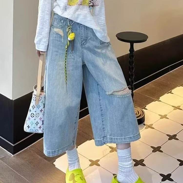 2026 Summer Retro Slimming Straight-Leg Ripped Jeans Plus Size Versatile Cropped Loose Hip-Covering Wide-Leg Pants 2026 Summer Retro Slimming Straight-Leg Ripped Jeans Plus Size Versatile Cropped Loose Hip-Covering Wide-Leg Pants