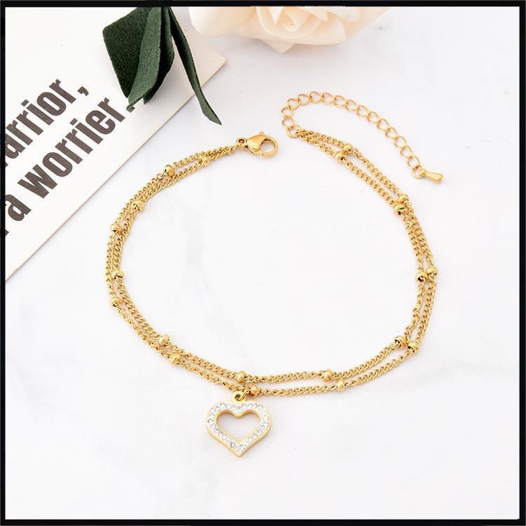 Red rojo joyería de moda titanio acero doble cadena del grano dulce corazón ZIRCON tobillo playa viento pie anillo femenino en stock