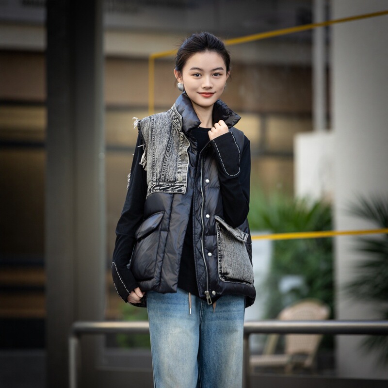 2025 New Color Block Denim down Vest Women's Loose Mid-Length Jacket