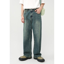 MTLCLOTHES男装|韩版直筒vibe宽松百搭磨白墨绿色阔腿牛仔裤男潮