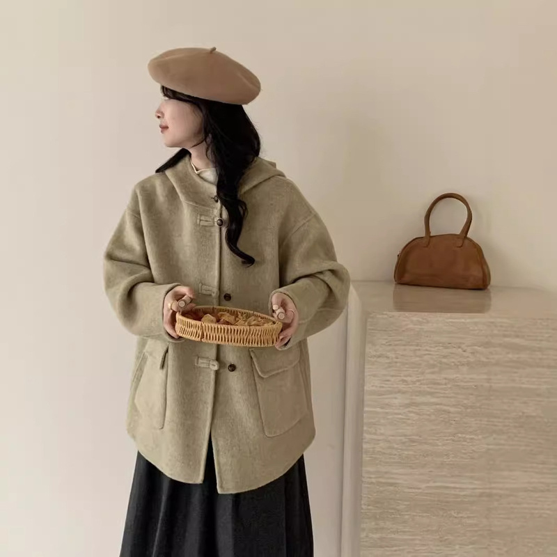 Han You's New Retro Button Hooded Double-Sided Wool Outwear for Women, Small Medium-Sized Korean Style Outwear, Autumn and Winter Fashion