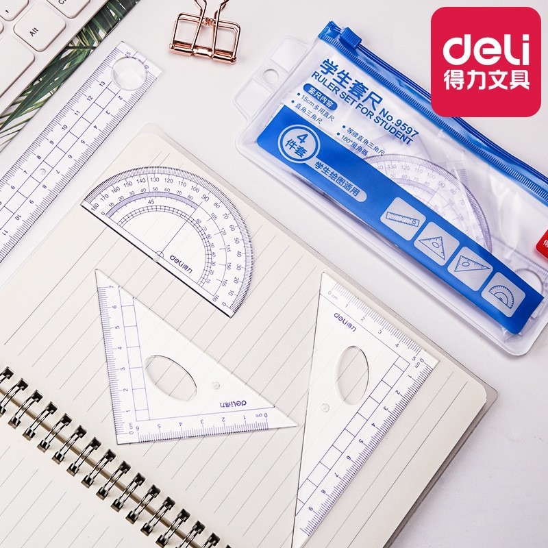 Geti 9597 Plastic Ruler Student Set Student Ruler Set Straight Ruler + Triangle Ruler + Protractor Stationery 4-Piece Set Wholesale