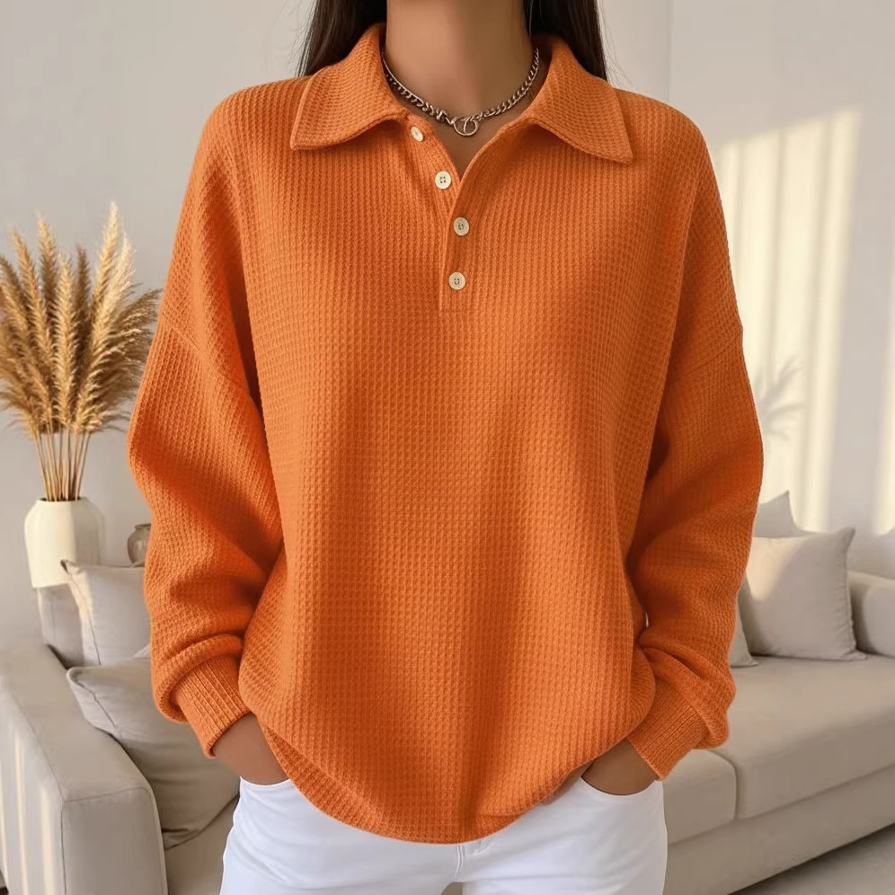 European and American Cross-Border 2025 Autumn and Winter New Loose Solid Color Versatile Polo Shirt Waffle Long-Sleeve Women's Top