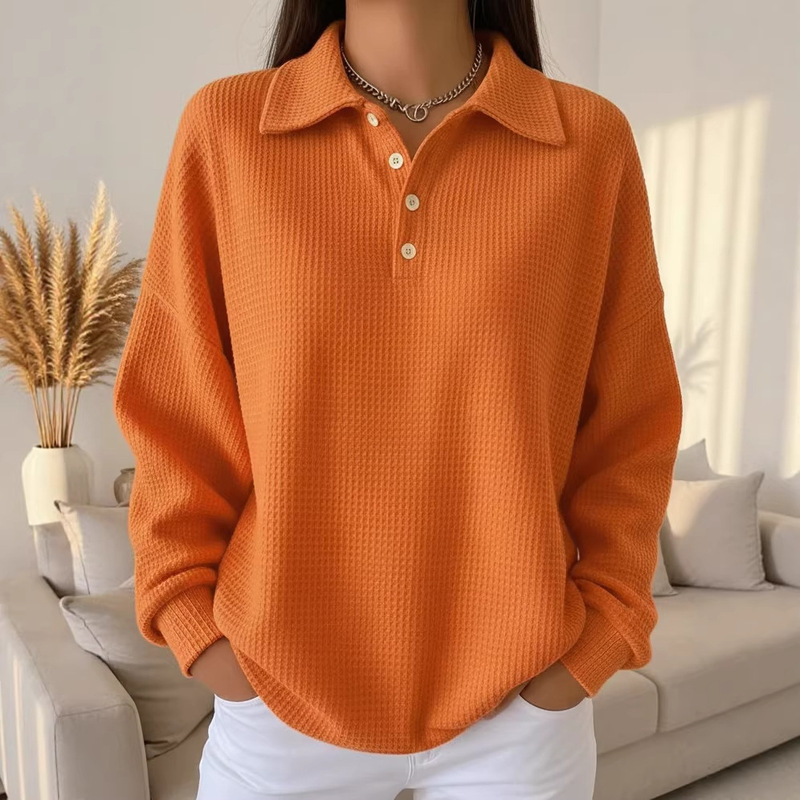 European and American Cross-Border 2025 Autumn and Winter New Loose Solid Color Versatile Polo Shirt Waffle Long-Sleeve Women's Top European and American Cross-Border 2025 Autumn and Winter New Loose Solid Color Versatile Polo Shirt Waffle Long-Sleeve Women's Top