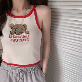 网红夏季新款小熊系列窄肩绣花背心外穿刺绣短袖针织衫女打底上衣