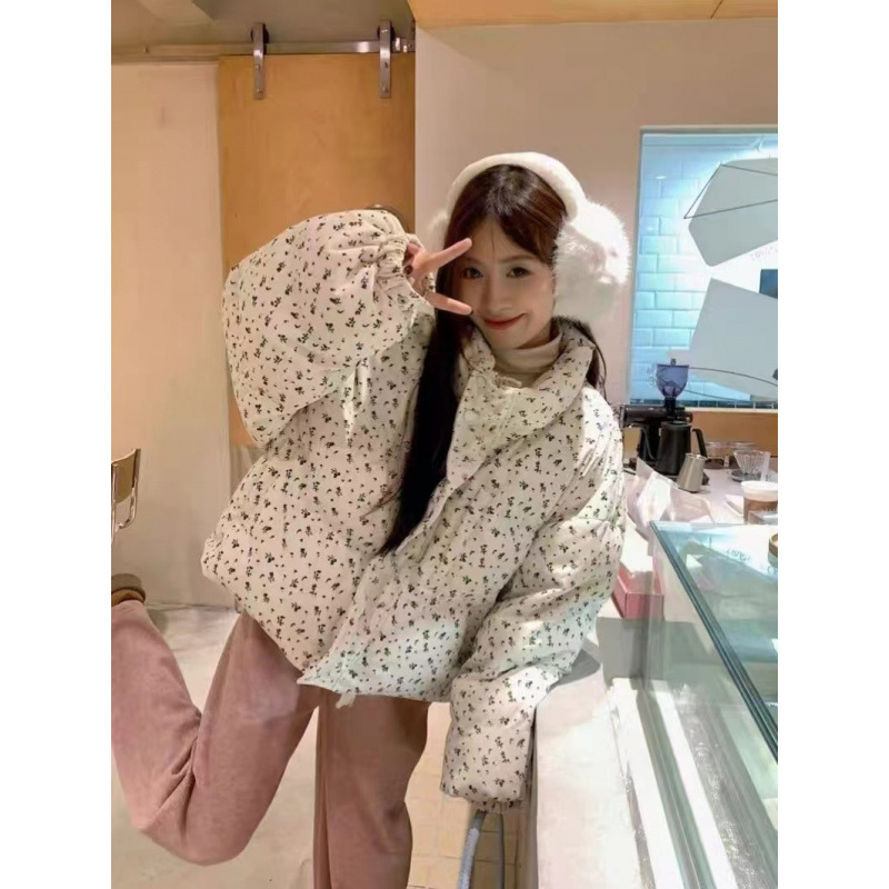 条绒清新小碎花短款羽绒棉服冬季新款韩系学院风加厚保暖棉袄外套|undefined