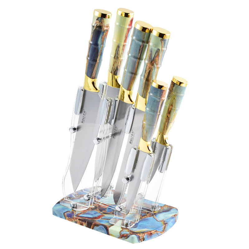 Conjunto de cuchillo de chef de siete piezas de acero inoxidable de doble galvanoplastia con mango de bambú, soporte de cuchillo afilado y duradero al por mayor