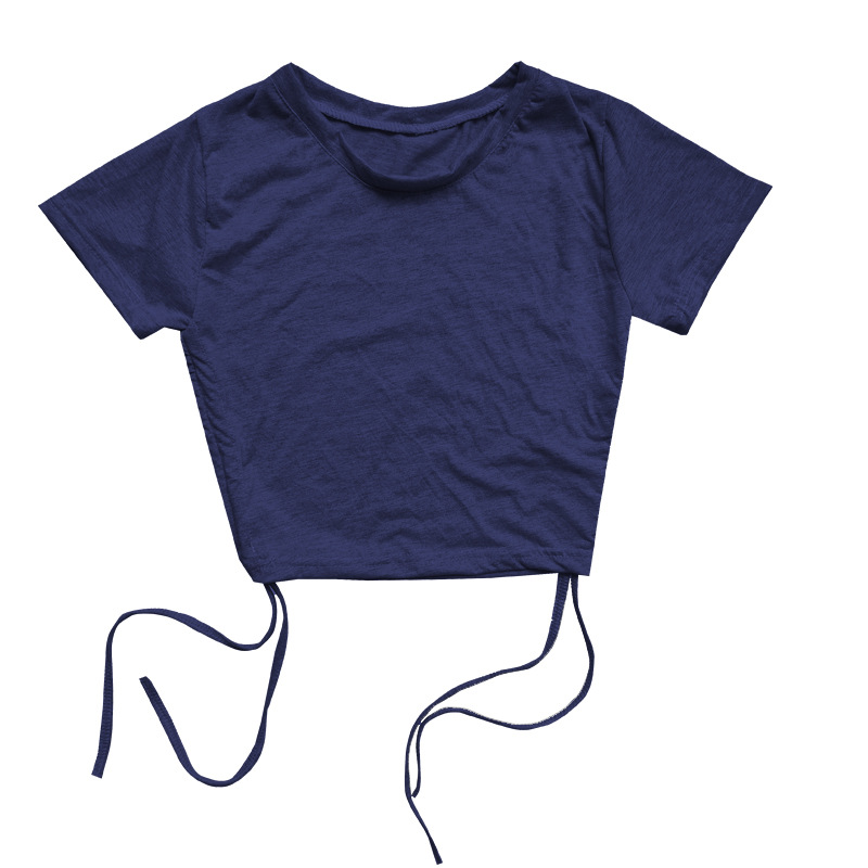 B1226 Short -sleeved Umbilical on both sides of drawing tape T -shirts hidden green
