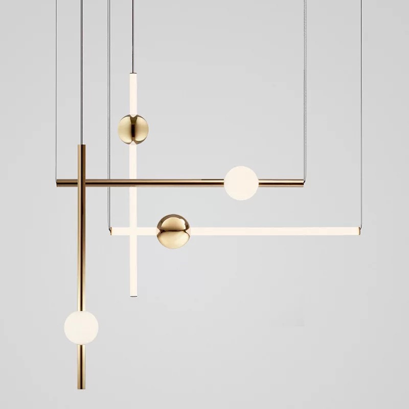 Simple Modern Art Horizontal And Vertical Line Chandelier Nordic Metal Luminous Ball Designer Restaurant Cafe Chandelier