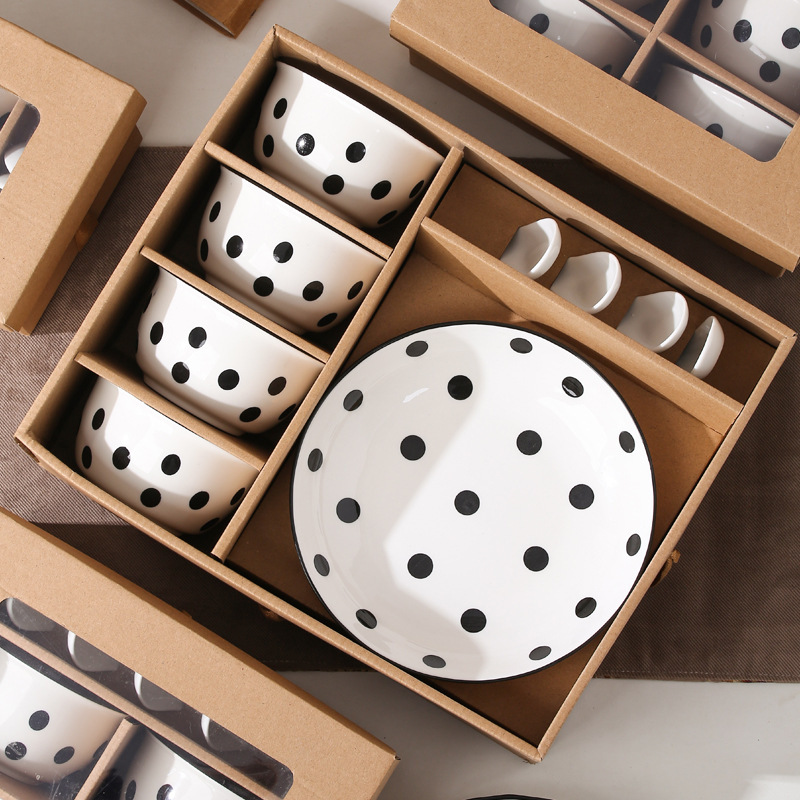 Simple Polka Dot Ceramic Tableware Bowl and Plate Set Gift Box Bowl Spoon Sales Company Opening Event Housewarming Gift