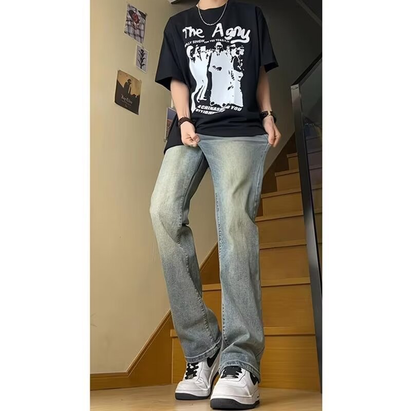 boy Style Washed Vintage Jeans For Men Spring Autumn Straight Loose European American High Street Vibe Long Casual Pants_viptrois.com