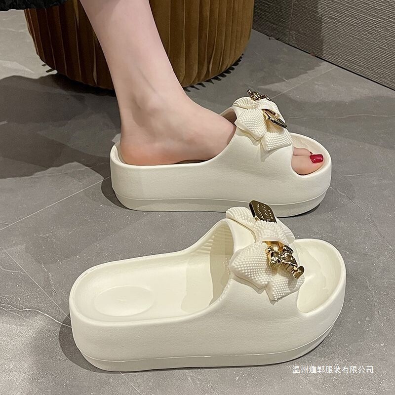 Thick-Soled High-Heeled Slippers for Women, Summer Trendy Outdoor Wear, 2025 New Model, Cute Bear Bowknot, Super Soft Slippers