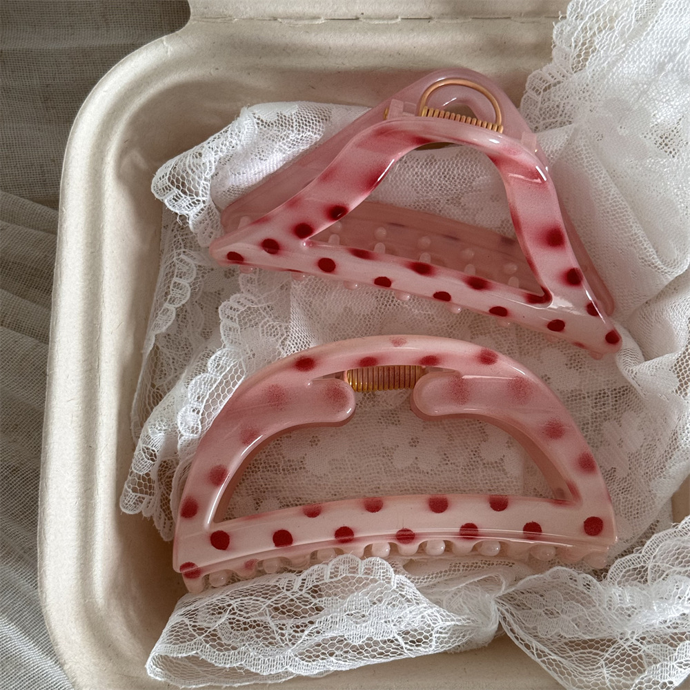 Pinza de tiburón semicircular rosa lunares, estilo fresa premium para chicas
