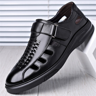 Men's Sandals Summer New Hollow Men's Shoes Beach Shoes Soft Leather Breathable Leather Shoes Velcro