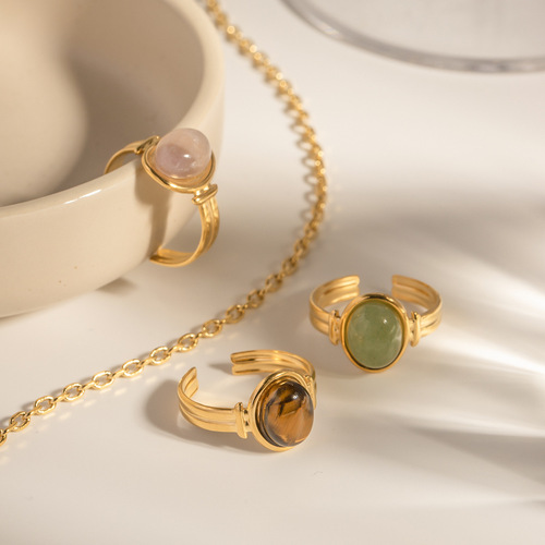 Elegant European and American Instagram-style ring: Oval semi-precious stone open-ring, cross-border fashion design—versatile for women, made from durable titanium steel that won’t fade.