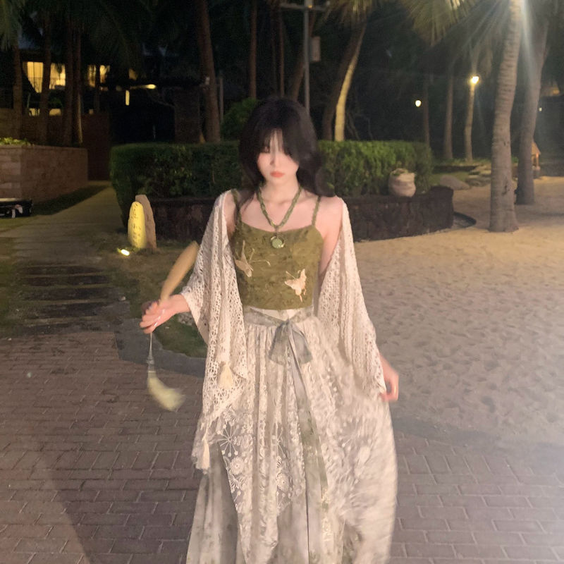 Blovelan偏写春棠 温柔剪花蝴蝶结吊带+气质系带印花半裙女春季|undefined