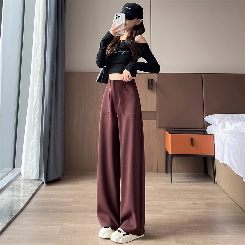 Angola trajes rojos pantalones de piernas anchas mujeres primavera y otoño de alta sensación de caída alta casual pantalones recto estrechos