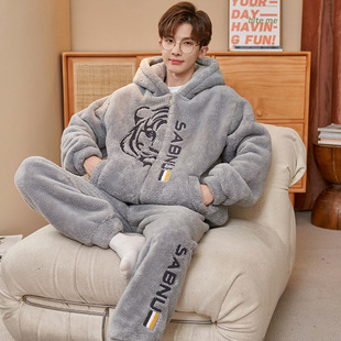Coral Velvet Pajamas Men's Winter Thickened fleece-lined 2024 New Youth plus size Autumn and Winter Home Clothes for Boys
