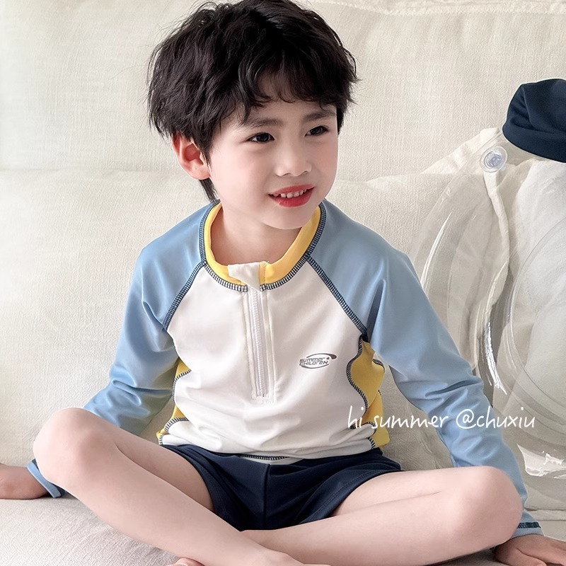 儿童泳衣男童夏季新款分体长袖防晒泳装中小童男孩度假速干游泳衣|undefined