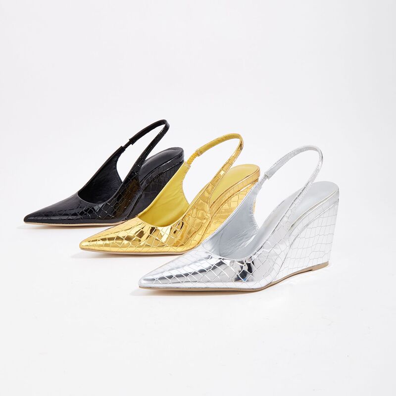 Cross-border Women's European and American-style Crocodile Pointed Wedge Sandals Vacation Platform High-heeled Shoes Buckle Sandals