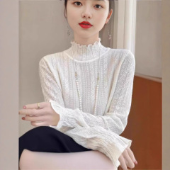 法式温柔设计感小香风上衣甜美薄款蕾丝打底衫女木耳边半高领长袖