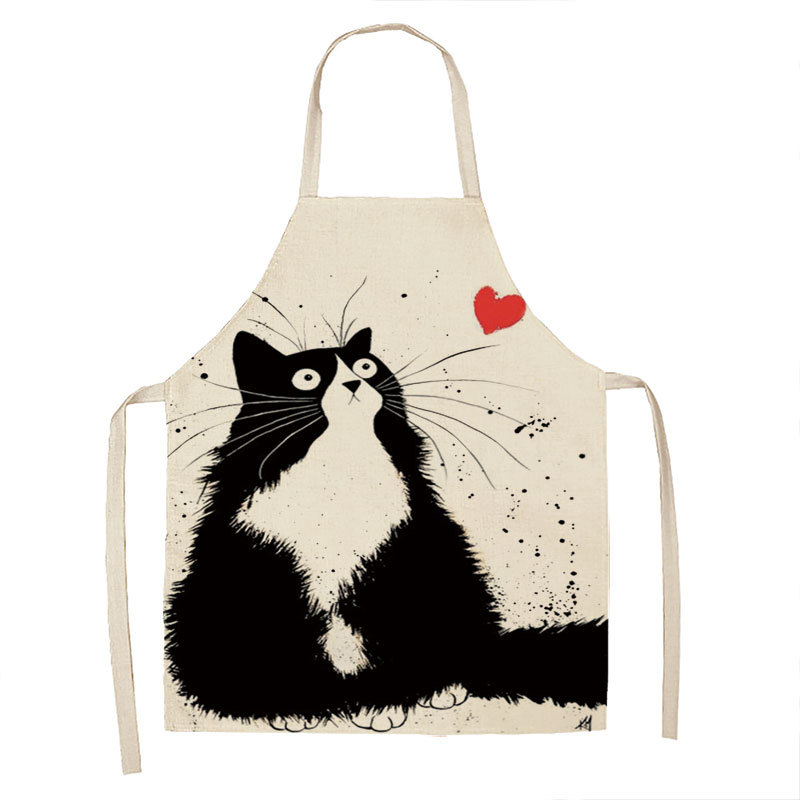 Gato blanco y negro de dibujos animados delantal lino cocina casera sin mangas halter antifouling cintura niños babero