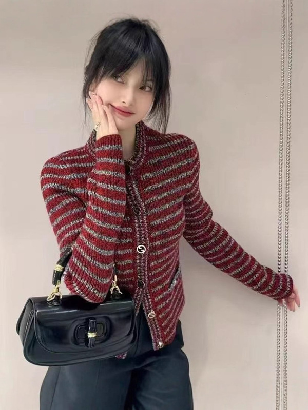 Gu家秋冬新款复古撞色条纹口袋设计金属纽扣针织开衫羊毛外套女|undefined