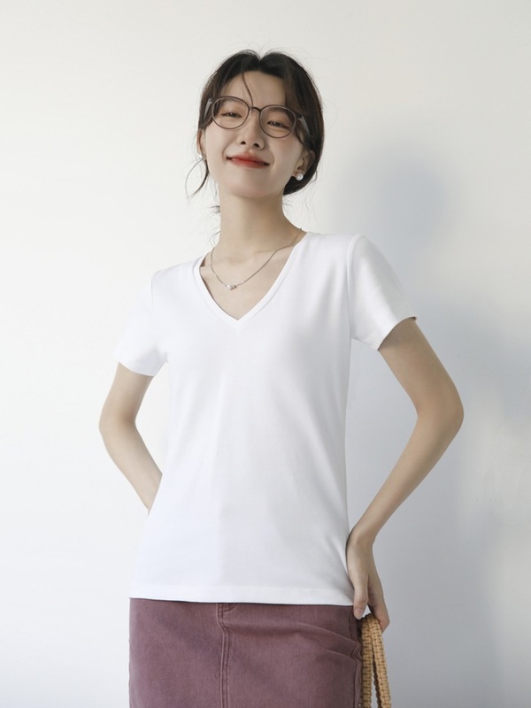 设计感反缝正肩V领短袖t恤女后背中线小众宽松显瘦极简上衣T恤衫|undefined