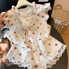 韩系边系带格子衬衫女夏减龄宽松无袖娃娃衫设计感假两件上衣