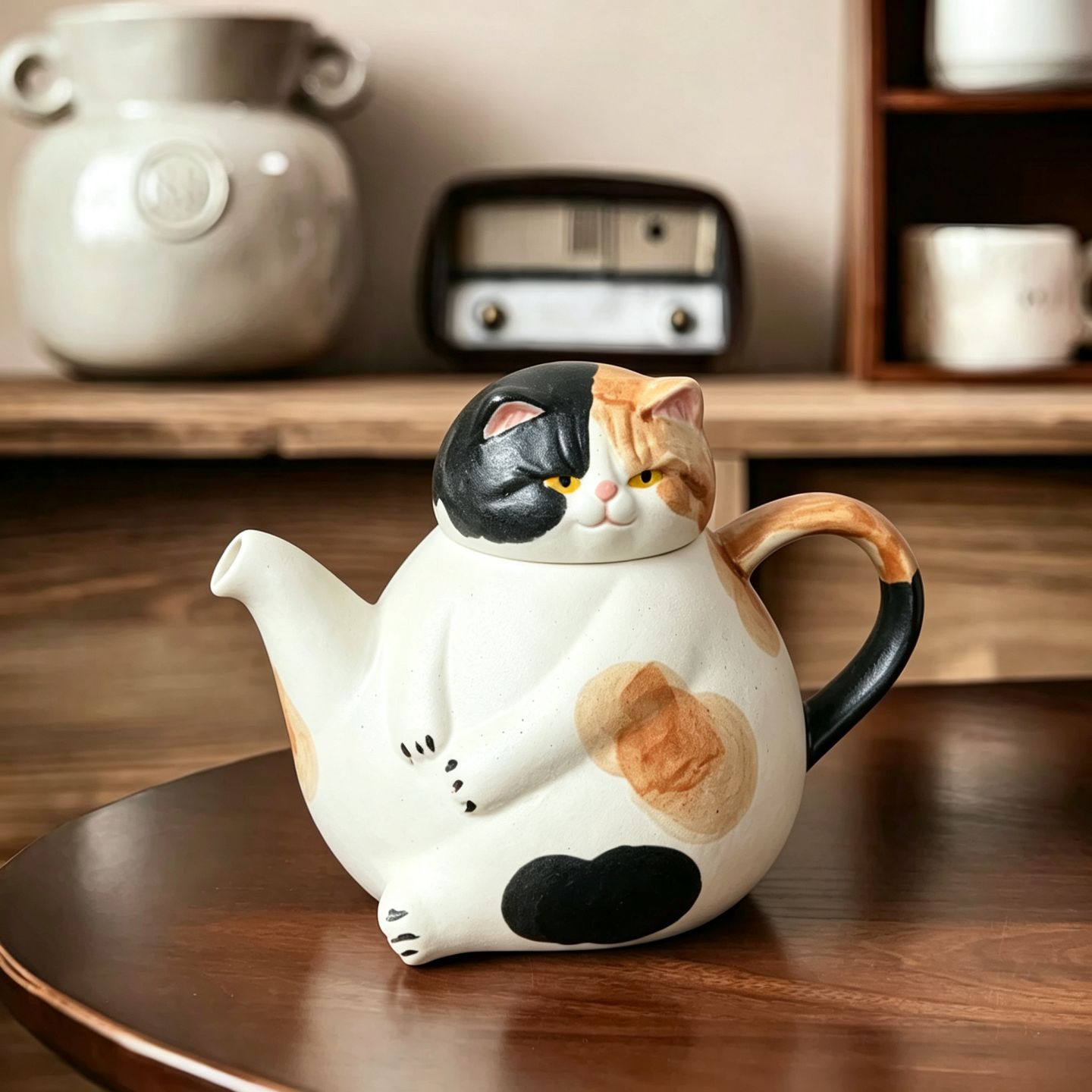 Daily tea brewing ceramic teapot set with cute 3D cat designs, including cow cat and calico cat designs
