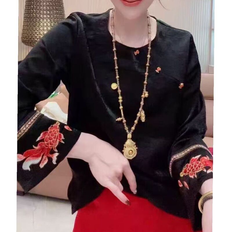 New Year Style Acetate Embroidery Loose Fit Slimming Luxury New Chinese Style Koi Embroidery Popular Shirt