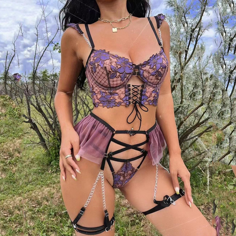 Cross-Border European and American Thin Embroidered Bra Set with Mesh Floral Lingerie for Women with Garter Belt to Enhance Bust Size Cross-Border European and American Thin Embroidered Bra Set with Mesh Floral Lingerie for Women with Garter Belt to Enhance Bust Size