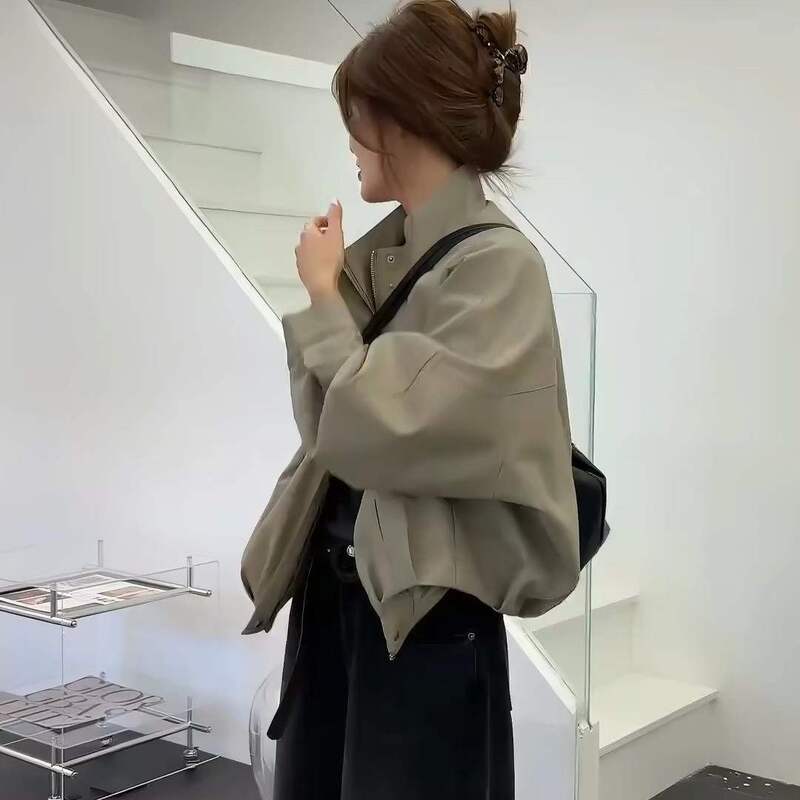 American-style retro gray-green windbreaker jacket, new autumn collection, stylish short jacket for women American-style retro gray-green windbreaker jacket, new autumn collection, stylish short jacket for women