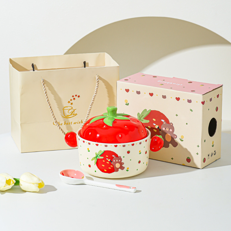 Cartoon Strawberry adorable tazón de fideos de chicas bolos de fideos caseros bolos de cerámica de doble oreja con cubierta cubierta de platos de regalo set de platos