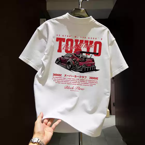 Black style printed short sleeved T-shirt for men, rugged and handsome, black heavyweight, pure cotton loose top, trendy brand, American retro personality