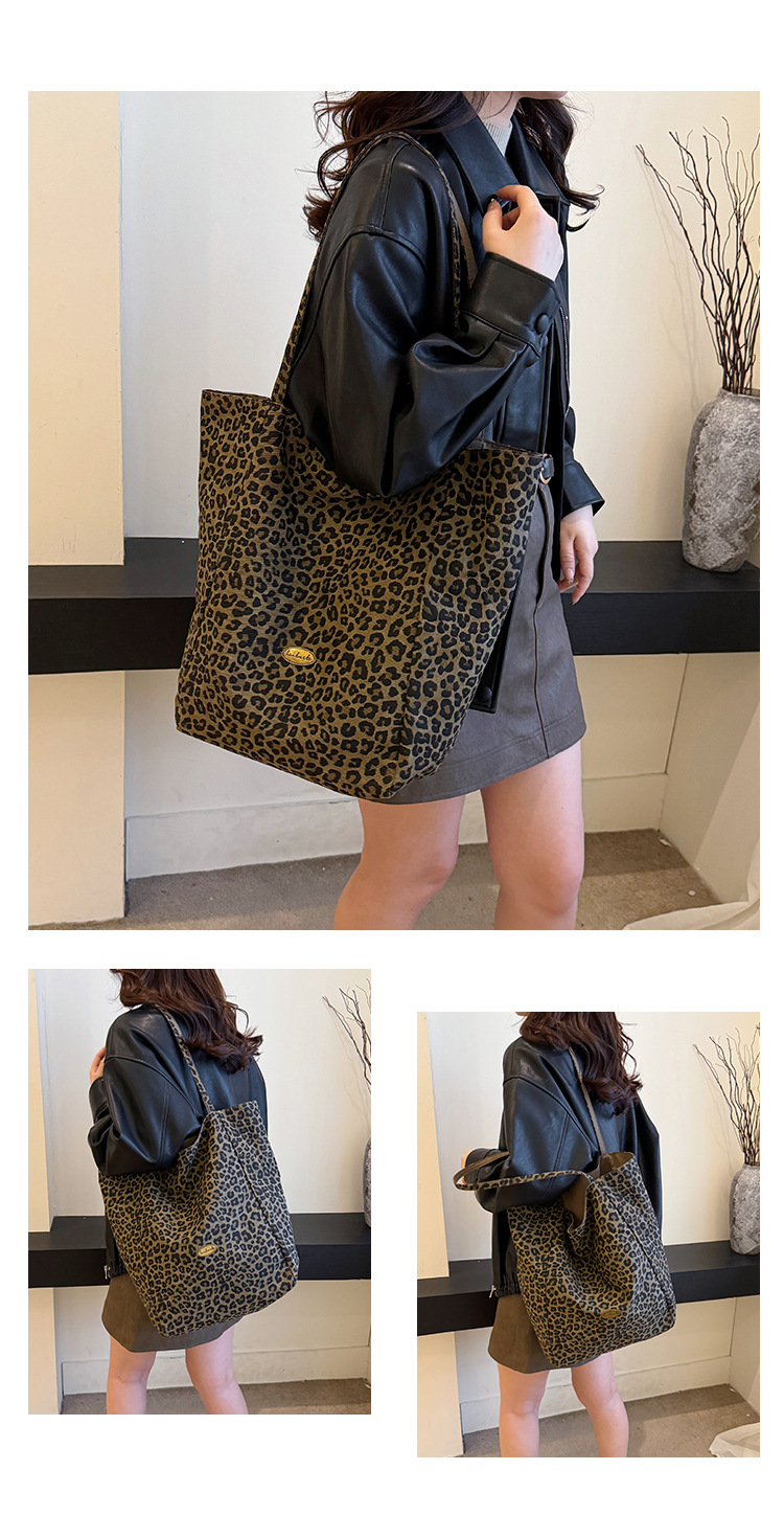 Doppelseitige Canvas-Tragetasche mit Leopardenmuster, große Kapazität, Damen-Umhängetasche im College-Stil, lässige Handtasche im City-Stil, Pendler-Tasche – Detail 15