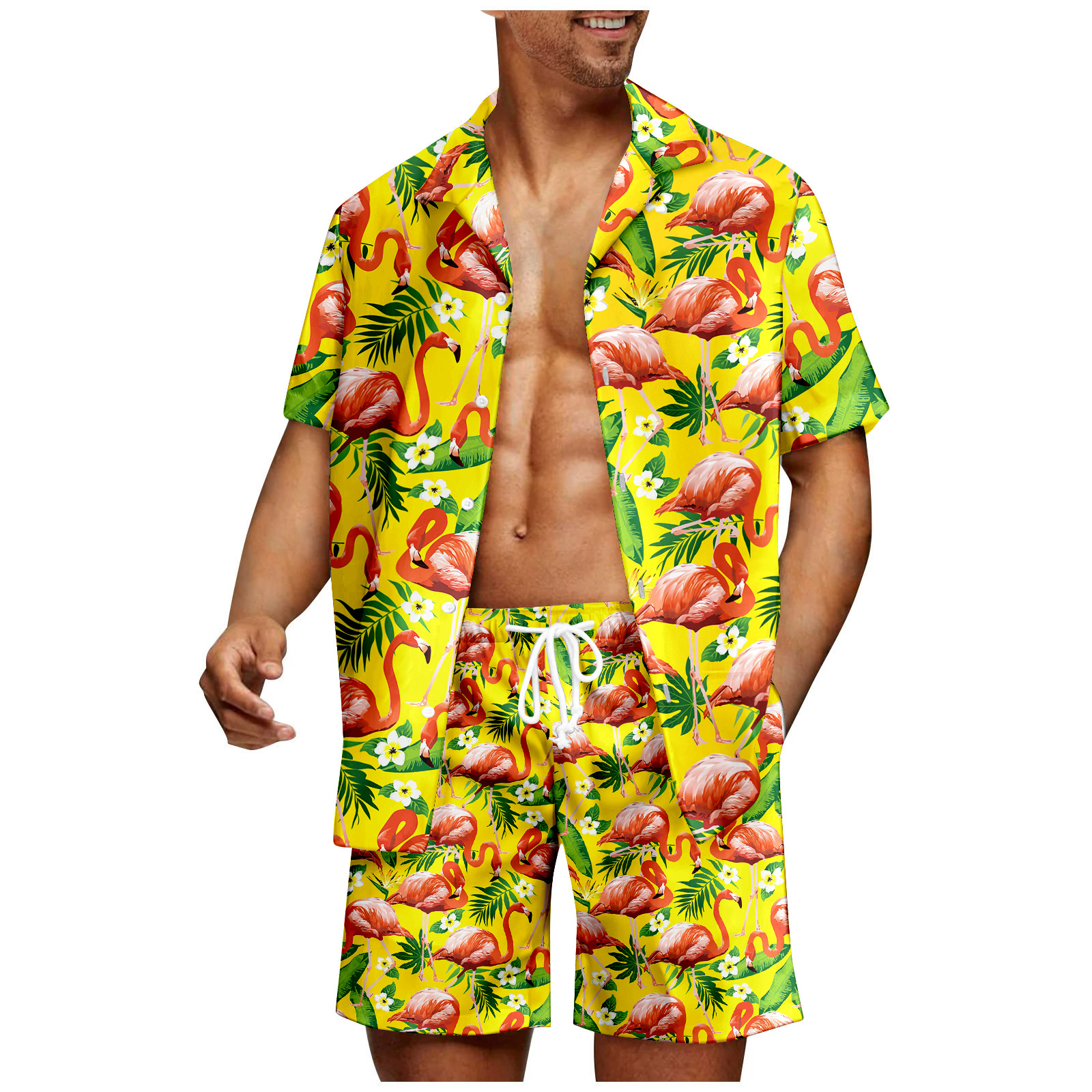 해변 하와이 정장 셔츠 유럽과 미국의 국경 간 남성용 3D 프린트 카디건 반팔 반바지 정장 모자 없음