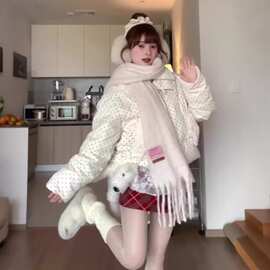 韩式冬季新款毛领波点加厚棉衣女甜美风简约通勤短款保暖棉服外套