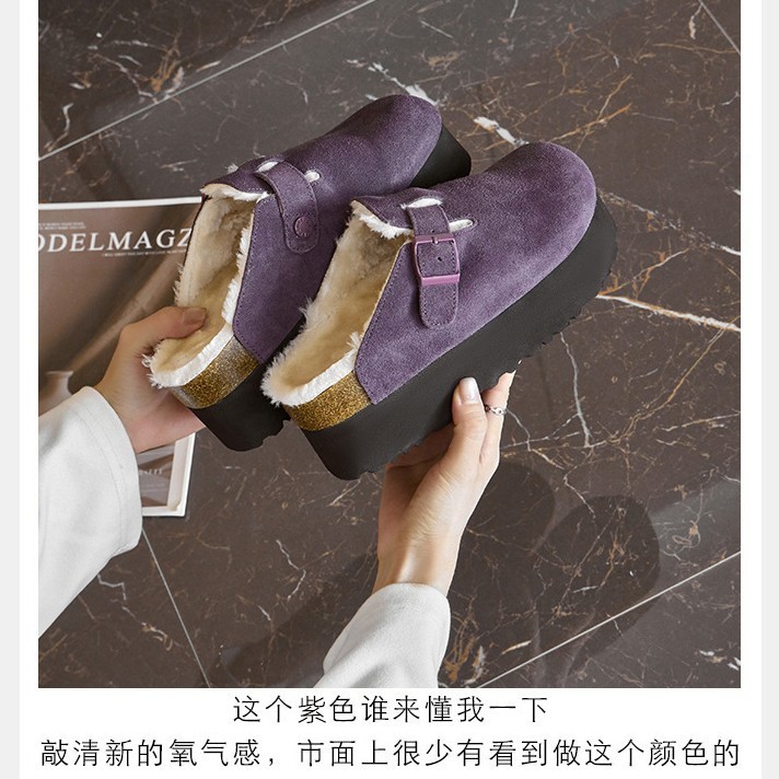 羊绒毛勃肯鞋女真皮厚底博肯包头毛毛拖鞋外穿秋冬加绒雪地靴棉鞋|undefined