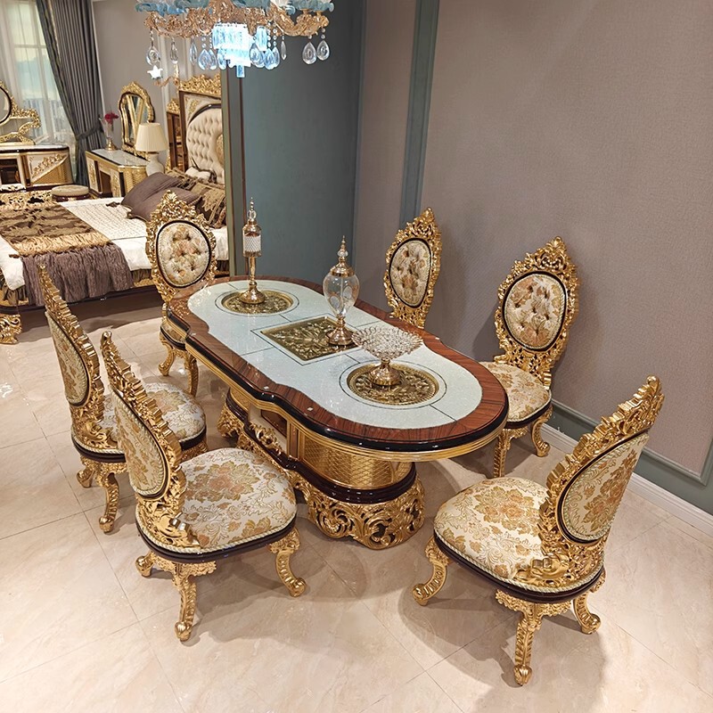 French-Style Palace Dining Table and Chair Set, Solid Wood Carving with Gold Foil, Luxurious High-End Long Dining Table