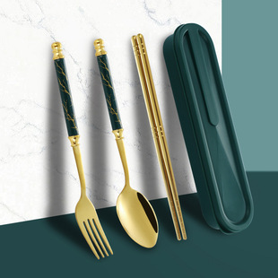 High-grade Stainless Steel 304 Portable Tableware Fork Spoon Chopsticks Three-piece Outdoor Gift Student Tableware Set