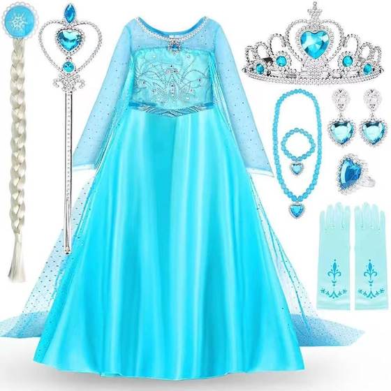Frozen Princess Aisha Children Princess Dress Crown Magic Wand Gloves Necklace Earrings Ring Hair suit