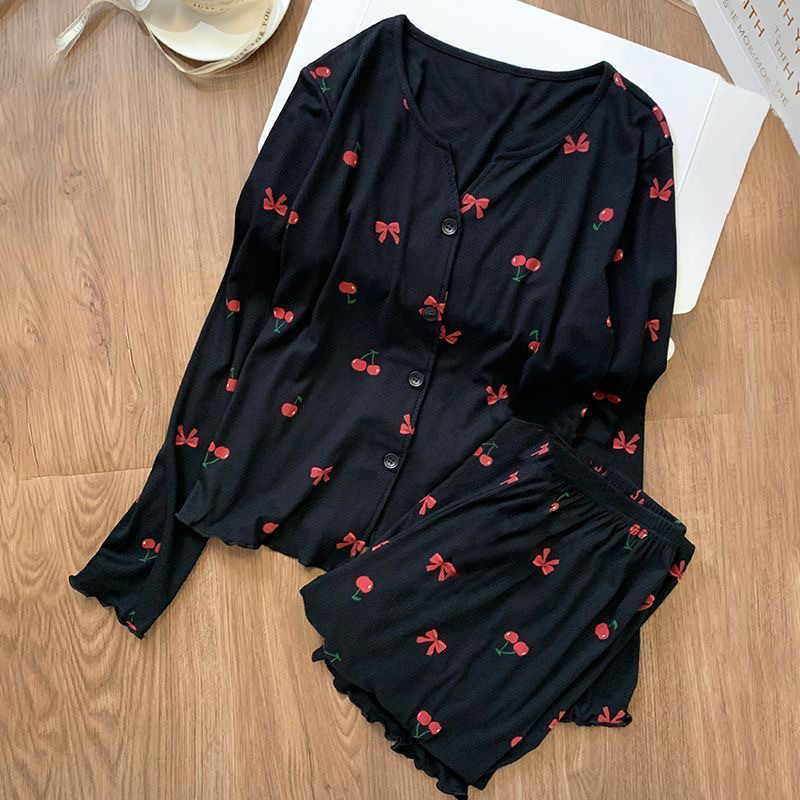 2026 Sweet Pajamas for Women Summer Cardigan V-Neck Homewear Set Long Sleeve Long Pants Ice Silk Ribbed Women's Black