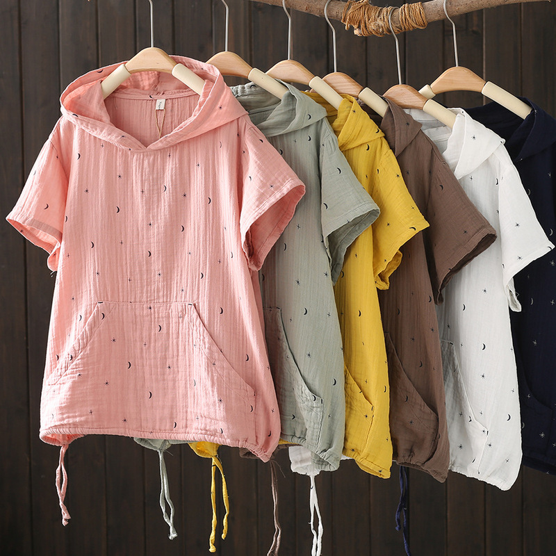 Korean-style New Printed Hooded Short-sleeved Shirt Summer New Loose Slimming plus size Cotton Double-layer Gauze Top Korean-style New Printed Hooded Short-sleeved Shirt Summer New Loose Slimming plus size Cotton Double-layer Gauze Top