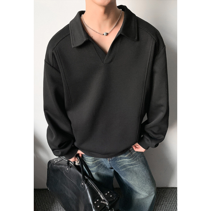 Polo a maniche lunghe grigia stile Old Money, modello regolare, unisex, autunnale, ampia, con colletto risvoltato e mezza zip._voghion.com